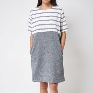 NEW Linen Blend Gray White Striped Short Sleeve Dress With Pockets SZ EU38 US6-8